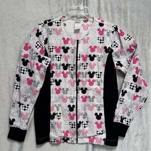 Disney Jacket Womens Medium Pink Black White Mickey Mouse Full Zip Scrub Uniform